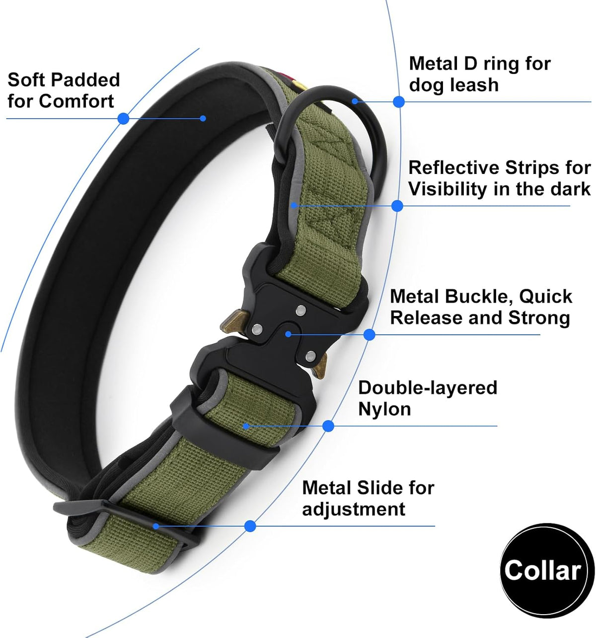 Plutus Pet Tactical Dog Collar, Reflective, for Small Medium Large Dogs