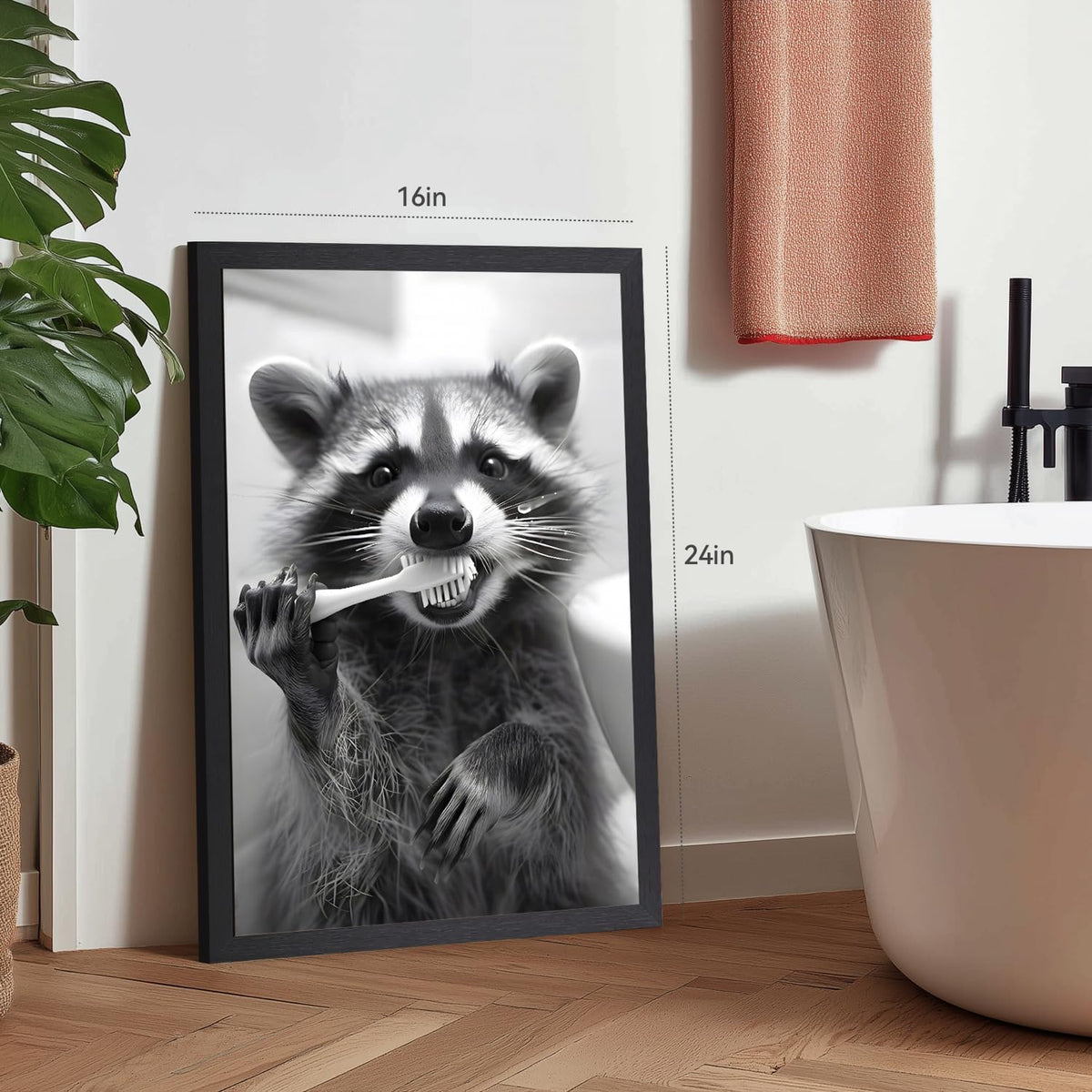 Snlihc Wood Framed Funny Raccoon Brushing Teeth Bathroom Wall Art 12x16 in