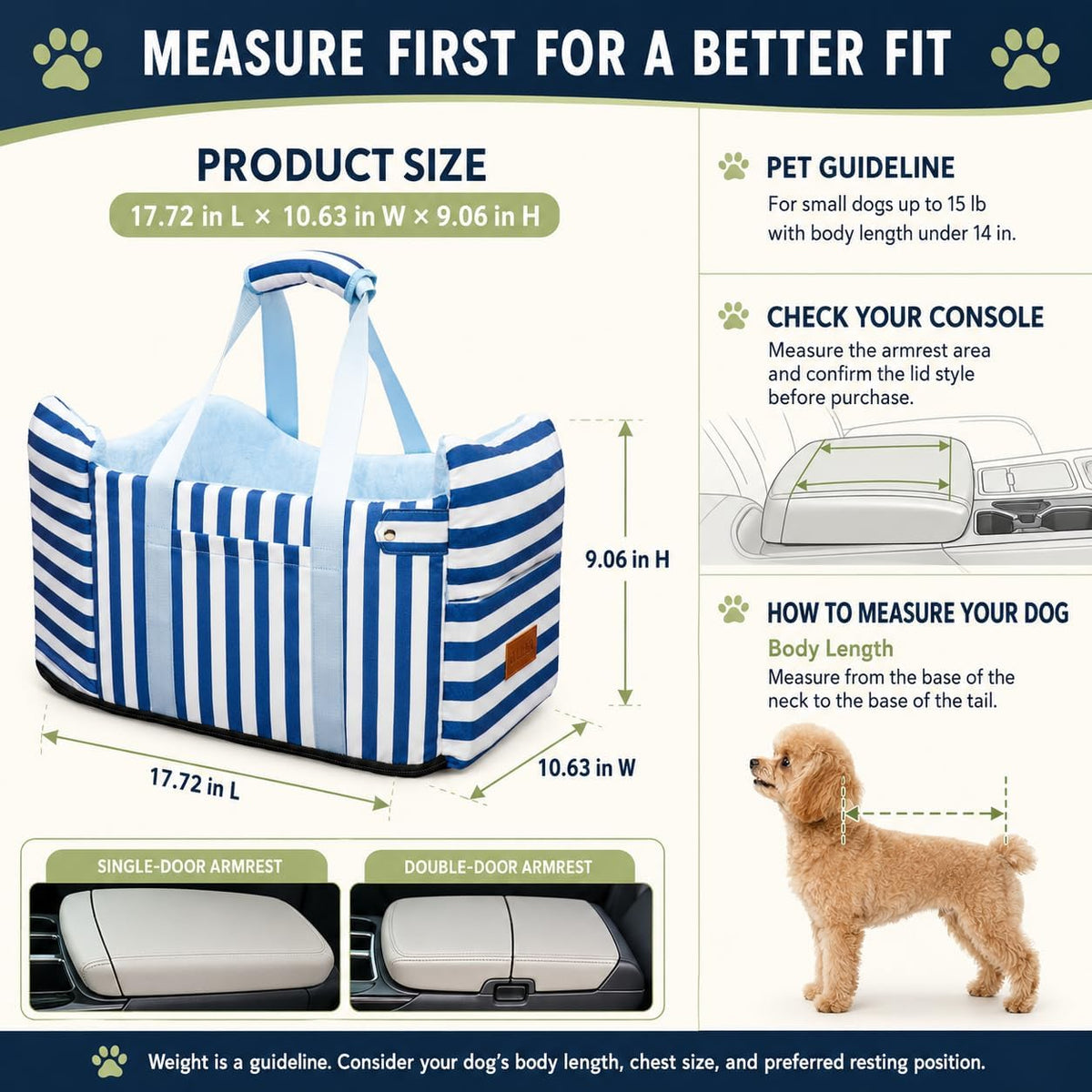 Console Dog Car Seat for Small Dogs to 15lbs (Blue& White Stripes)