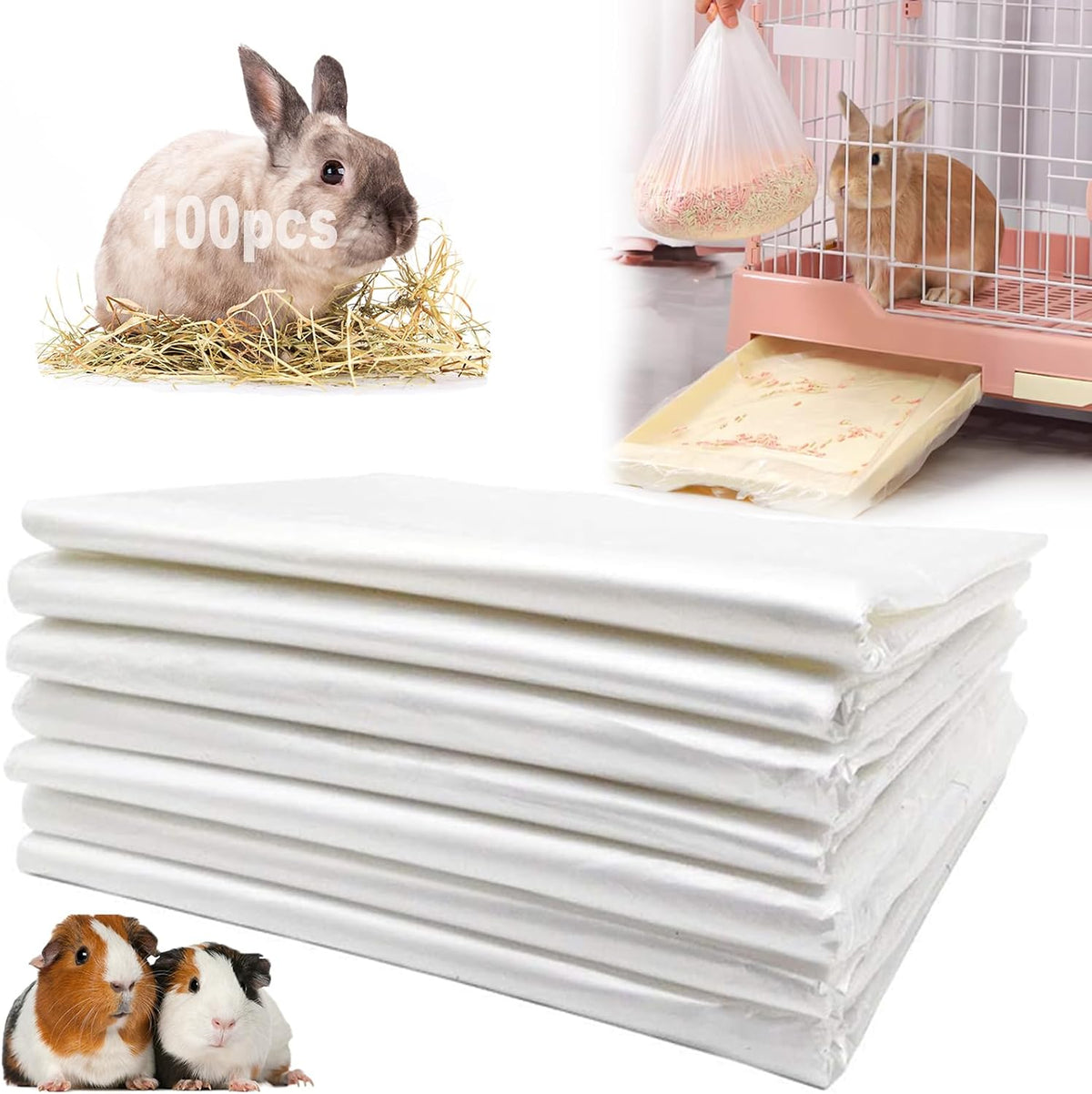 100 Pcs Disposable Rabbit Cage Liner, 35'' X 27'' Large Bunny Cage Tray Liners Clear Plastic Guinea Pig Toilet Film for Bunnies Ferrets Chinchillas Birds Small Animal - Leak Proof & No Mess