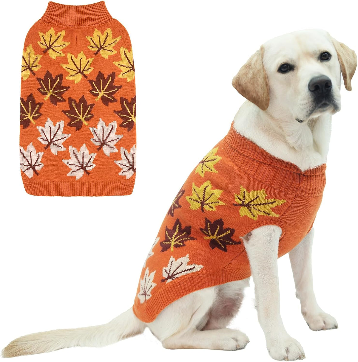 KOOLTAIL Fall Dog Sweater, Thanksgiving Dog Sweater with Autumn Maple Leaf Pattern, Cold Weather Pet Knitted Winter Coats Clothes Turtleneck Pullover for Small Medium Large Dogs Cat Boy Girl, Orange L