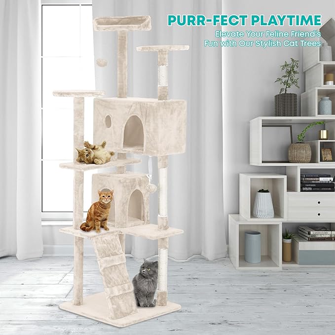 FDW | 70" Cat Tree Tower | Beige | Multi-Level Indoor Activity Center - Image 2