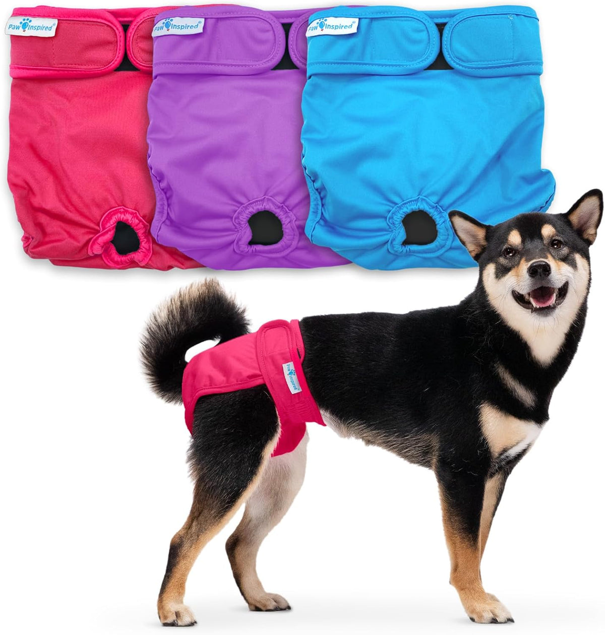 Paw Inspired Washable Dog Diapers, Black with Black Lining, XS Size, 3 Pack