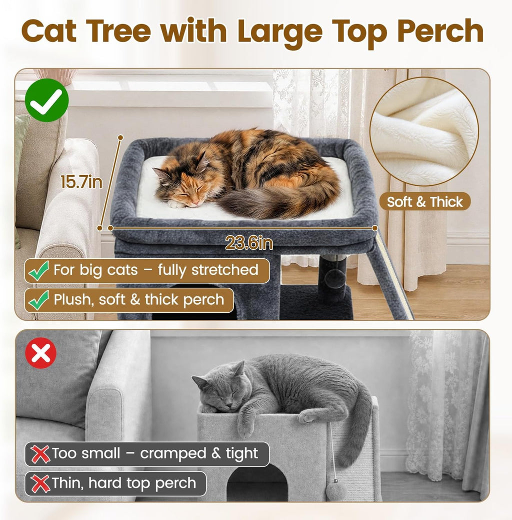 Cat Tree Tower with Scratching Post for Large Kitty, Dark Grey