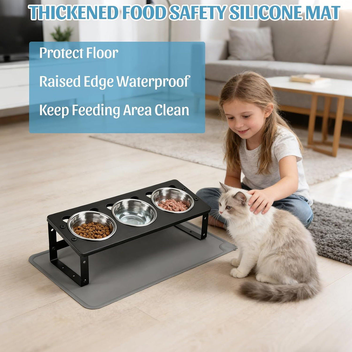 Upgraded Elevated Cat Bowls with Food Mat for Indoor Cats, Black