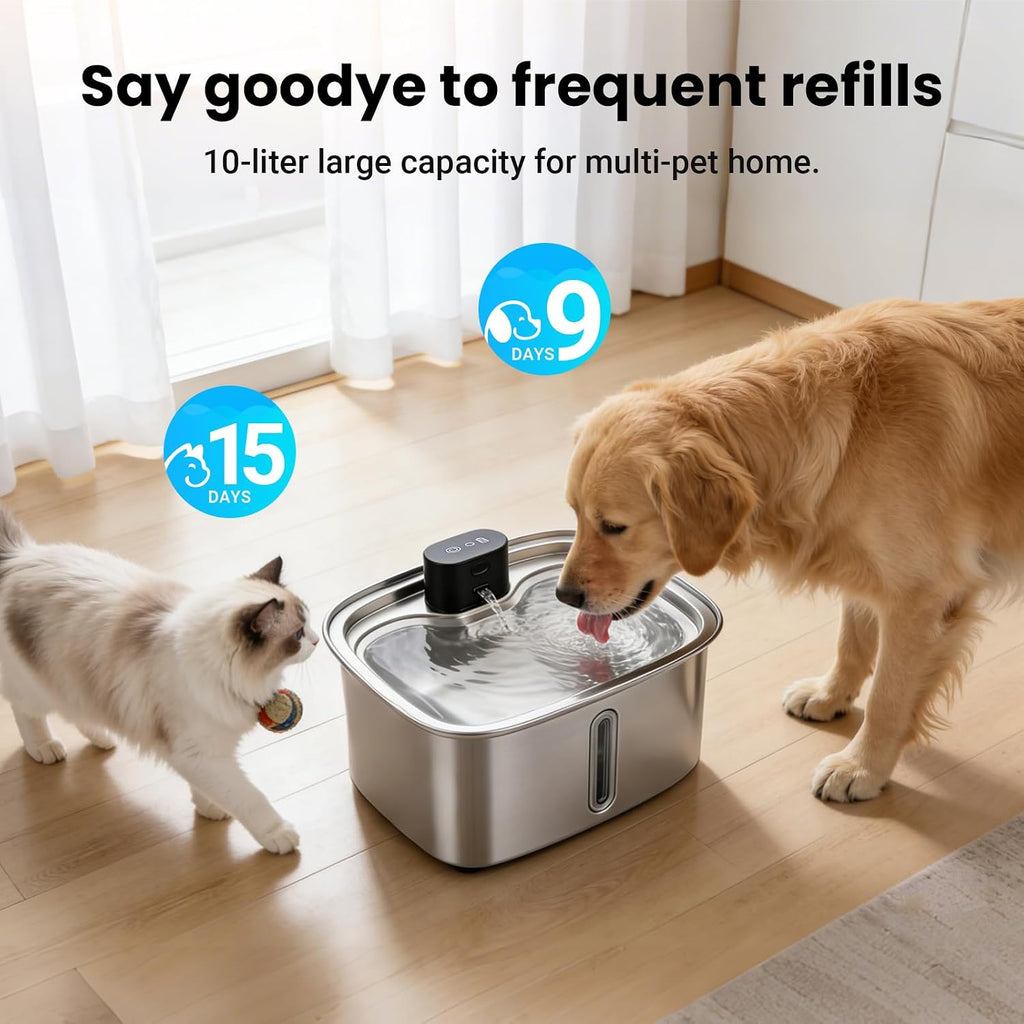 10L Dog Water Fountain Pump Replacement, Stainless Steel Dog Cat Dispenser with Quiet Pump, 2.64 Gallon Automatic Dog Water Fountain Pump