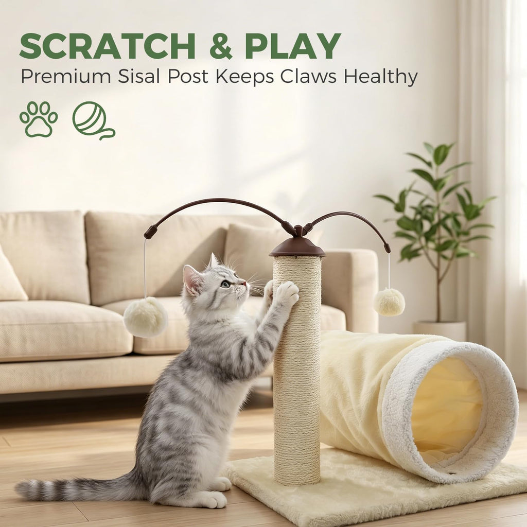 Cat Scratching Post with Tunnel Small Cat Tree for Indoor Cats, Biege