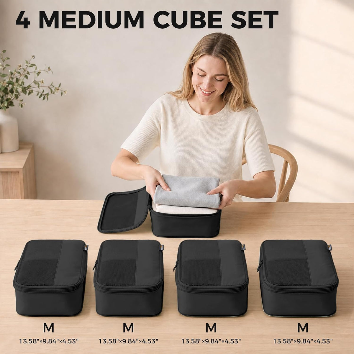 4 Medium Compression Packing Cubes for 3–7 Day Travel, Jet Black