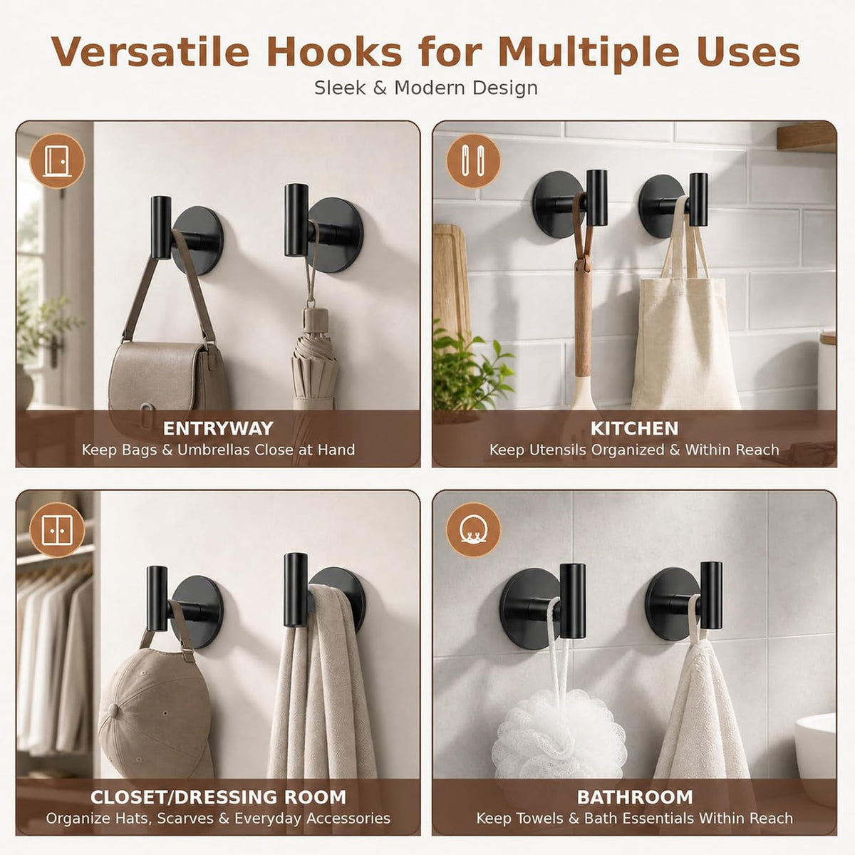 Self-Adhesive Coat Hooks, Stainless Steel Heavy Duty Wall Hooks, Towel Hooks for Hanging Robes, Aprons, Coats and Hats in Bathrooms,Kitchens and Hotels(Black, 4 Pack)