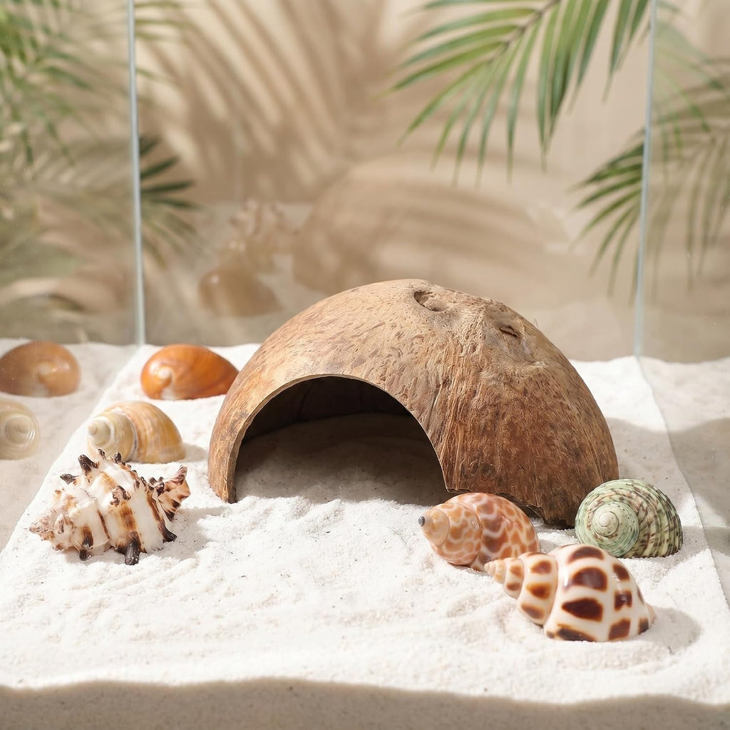 SHINEOFI Hermit Crab Hideout Coconut Shell Shelter with 8 Hermit Crab Shells Reptile Hide Cave Turtle Rest Hut Aquarium Habitat Decor for Fish Tanks and Reptile Containers