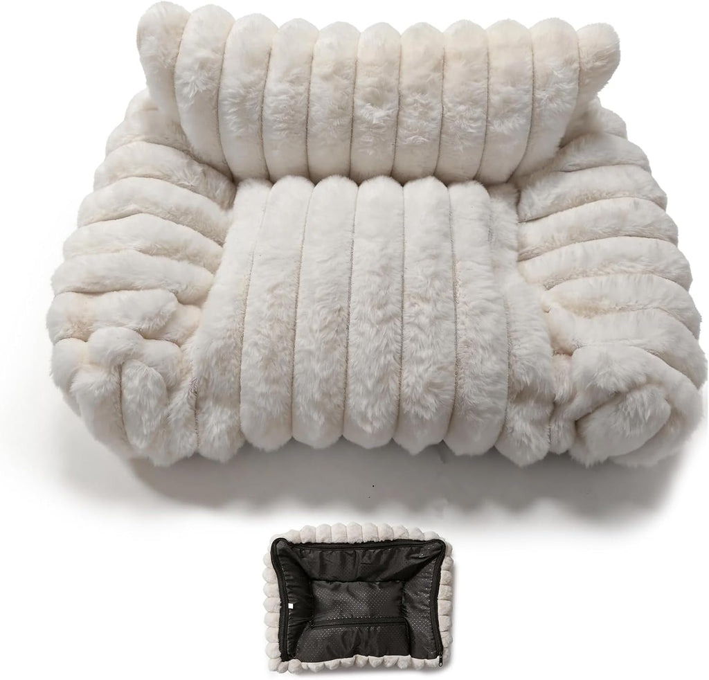 Ultra-Soft Plush White Guinea Pig Couch Bed, Cozy Small Pet Sofa with Padded Armrest & Backrest, Warm Guinea Pig Accessories for Hamster, Rabbit, Chinchilla, Hedgehog