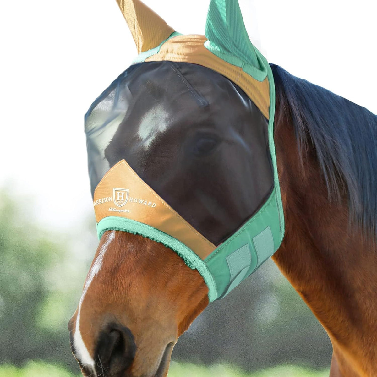 Harrison Howard CareMaster Pro Luminous Horse Fly Mask Large Eye Space Standard with Ears UV Protection for Horse Signature Blue Medium Cob