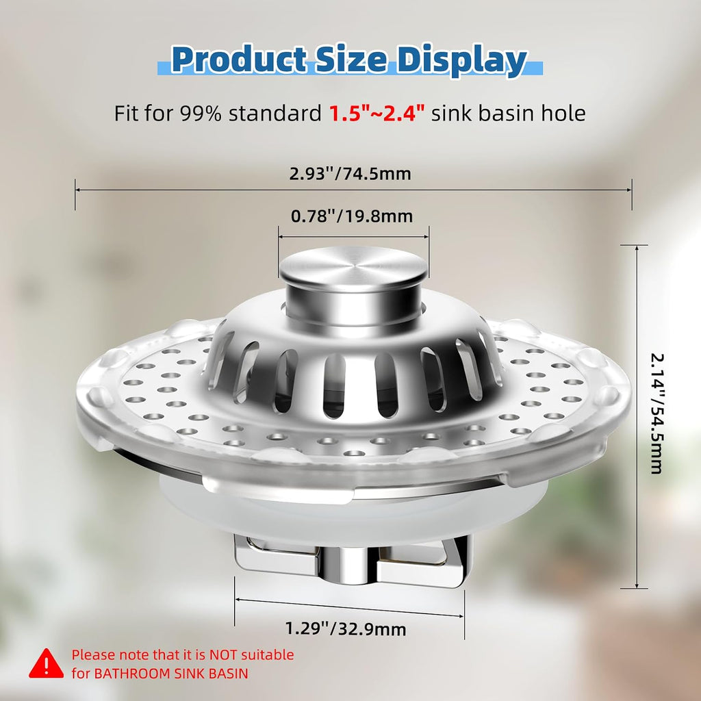 2PCS Universal Bathtub Drain Stopper, All Metal Top Hair Catcher, Chrome
