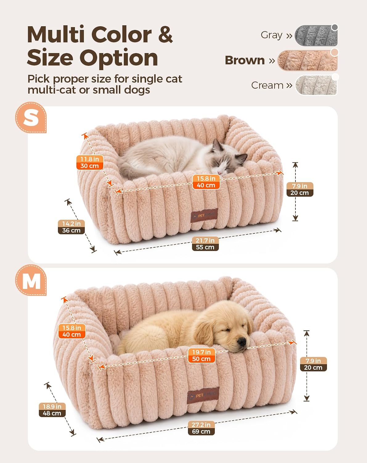 Heated Cat Bed Indoor, 6 Temp & 6 Timer, Removable Washable Cover, Brown, S