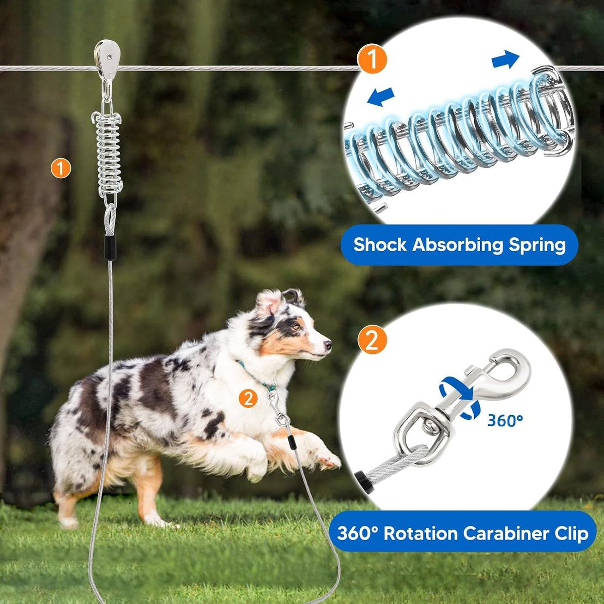 Dog Runner for Yard, Outdoor Dog Run, 100FT+15FT, Silver