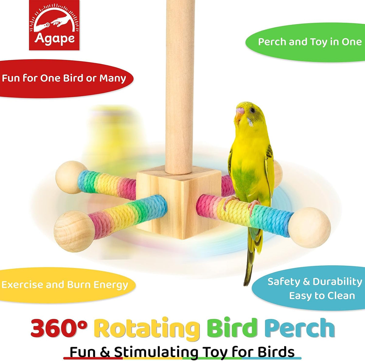 Agape Bird Toy, Rotating Interactive Parrot Toy, Wooden Bird Cage Perch