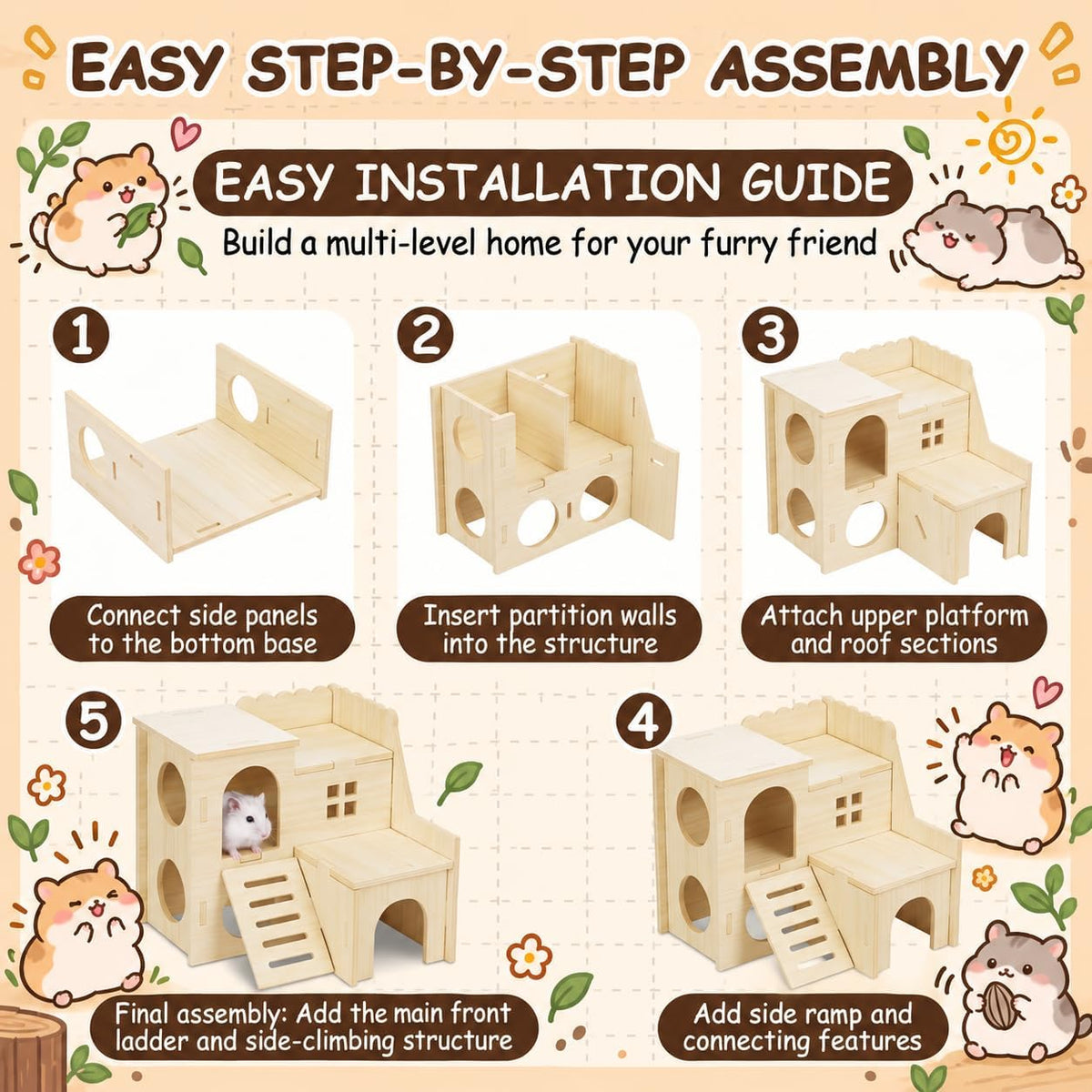 4-Piece Hamster Cage Accessories Set, Wooden Platform, Hideout Tunnel, Ladder and Climbing Playhouse for Dwarf Hamsters, Syrian Hamsters, Mice, Gerbils, Degus and Small Pets