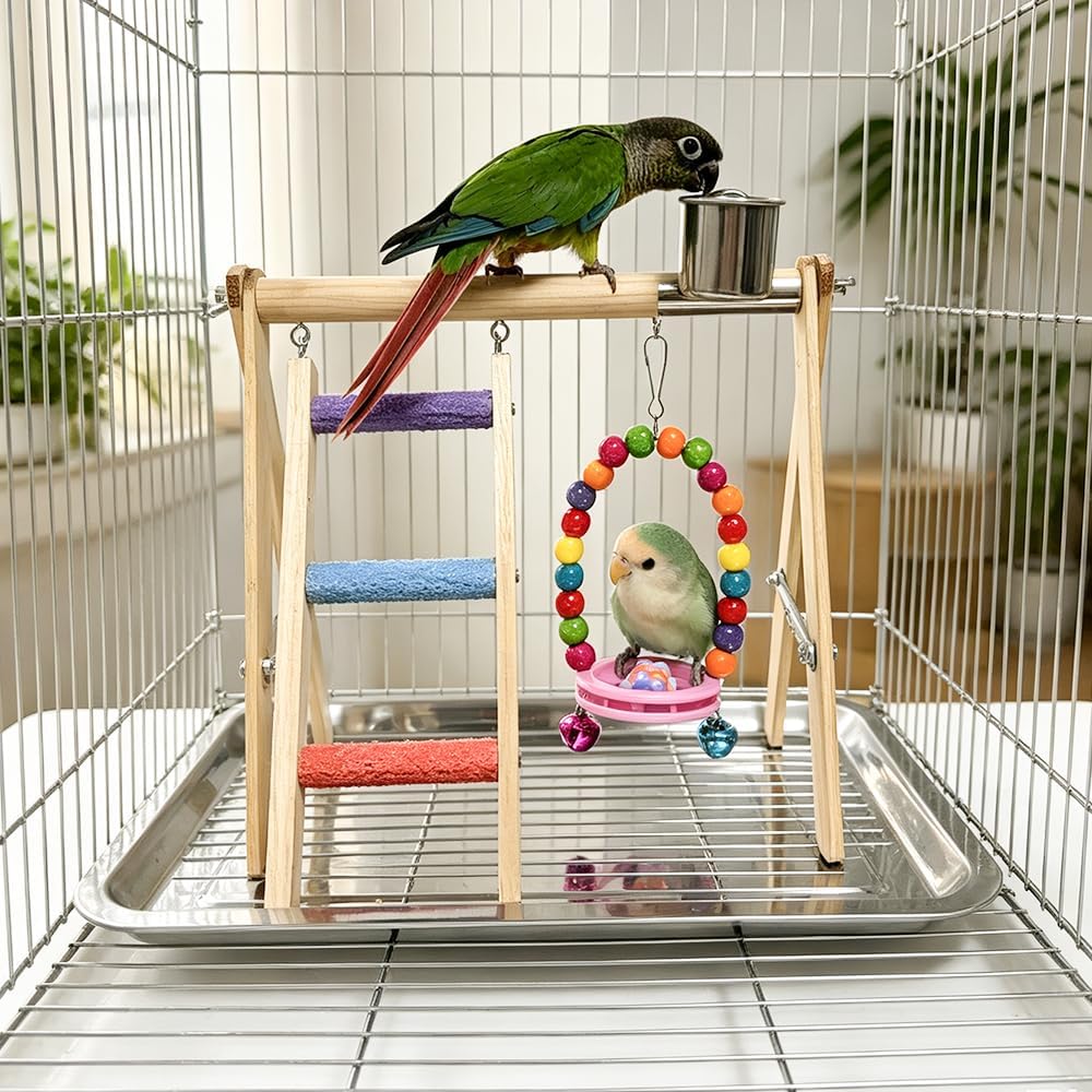 Bird Playstand Exercise Bird Play Perch Ladder with Feeder Cups Swing Toys