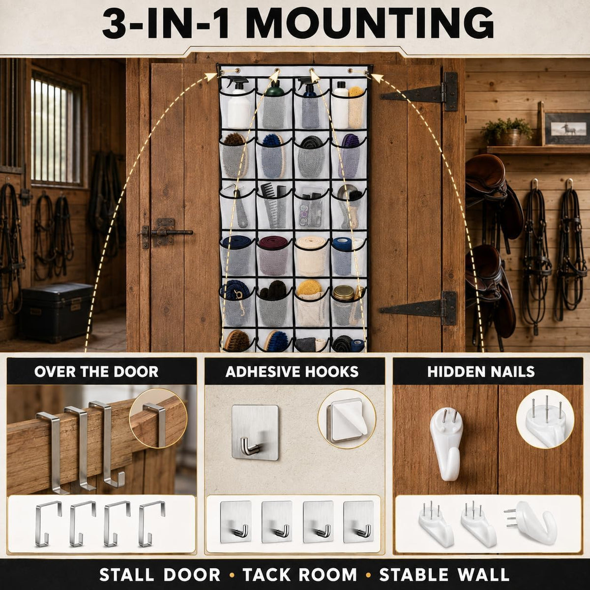 22" x 59" Extra-Large Horse Tack Organizer for Horse Tack Room Organization - Massive 24-Pocket Hanging Tack Bag, 3-in-1 Mounting, Horse Barn Accessories & Stable Storage