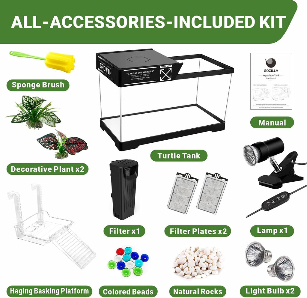 GOZILLA Aquatic Turtle Tank Kit+Lamp+Filter, Upgrade PC Turtle Tank Starter Kit with Adjustable Lamp & Filter,Reptile Habitat with Lid,Hanging Platform for Small Reptiles.(15.75×7.9×9''/Black Kit)