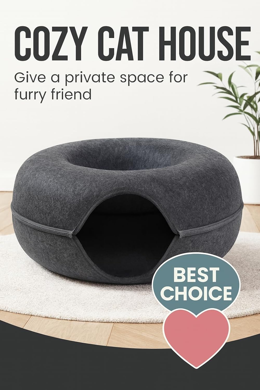 Grey Cat Tunnel & Donut Bed Cave for Indoor Cats – Large Felt Cat Toys Interactive Hideaway, No-Collapse, Scratch-Resistant, Washable Cat House, Cat Enrichment, Bored Indoor Cats & Kittens Gift Toy