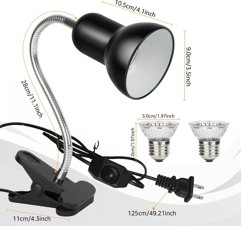 Reptile Heat Lamp UVA/UVB Light with Stepless Dimming, 360 Rotatable Gooseneck Clip-On Heating Lamp for Turtle Tank Bearded Dragon Snake Lizard Tortoise Hermit Crab Includes 25W and 50W Bulbs (Large)