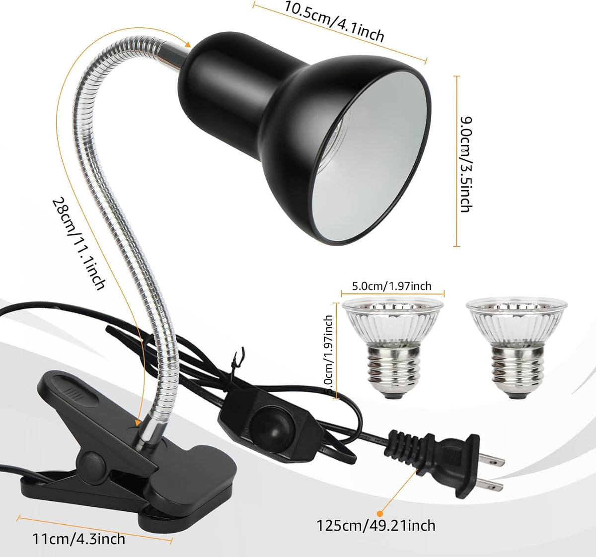 Reptile Heat Lamp UVA/UVB Light with Stepless Dimming, 360 Rotatable Gooseneck Clip-On Heating Lamp for Turtle Tank Bearded Dragon Snake Lizard Tortoise Hermit Crab Includes 25W and 50W Bulbs (Large)