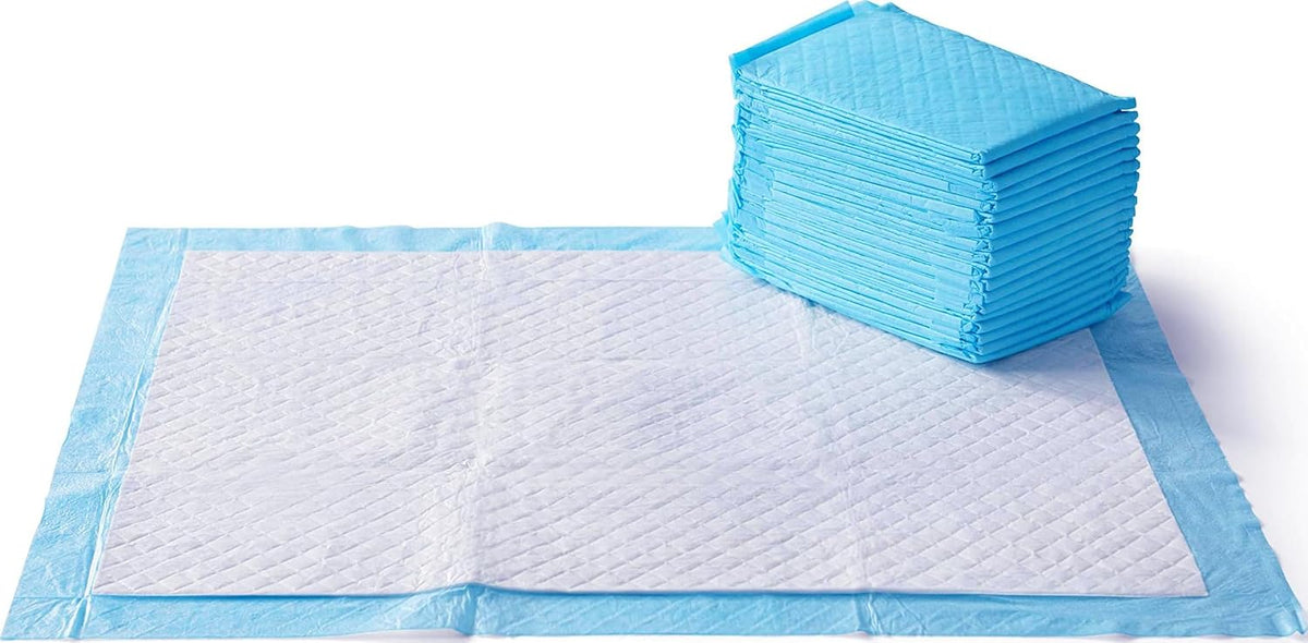 Amazon Basics X-Large Heavy Duty Absorbent Puppy Potty Pads, Leak-Proof, Quick-Dry, Super Absorbent Gel Technology for Dog Training, 28 x 34 Inches, Blue & White, Pack of 50