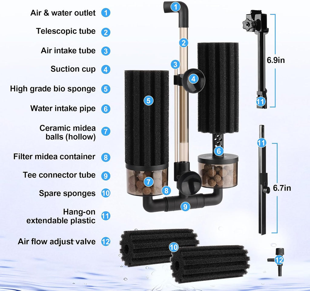 hygger Aquarium Double Sponge Filter: Upgraded Sponge Filter with Larger Filtration Area, Come with Extendable Clip, 2 Spare Biochemical Sponges, Bioceramic Balls, for Freshwater Saltwater Tank - M