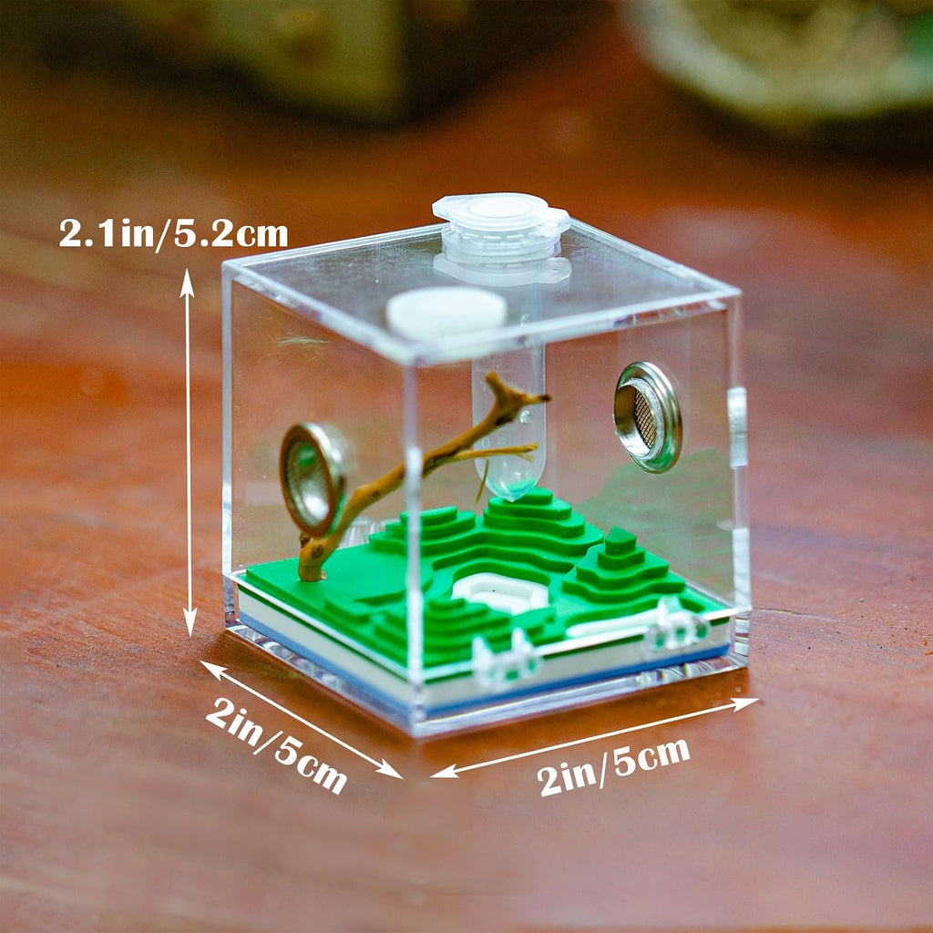 Jumping Spider Micro Enclosure Accessories Set, 2” Acrylic Mini Habitat with Mountain Lake Shaped Integrated Feeding-Watering Container, Modern Landscape Terrarium for Small Insects
