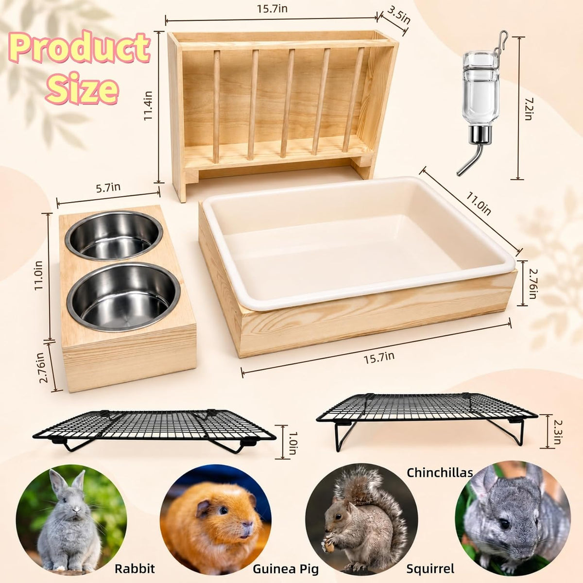 3 in 1 Rabbit Hay Feeder with Litter Box and 2 Bowls, Solid Wood Bunny Feeder Station with Adjustable Metal Hay Rack, Water Feeder, Cleaning Kit for Rabbits, Guinea Pigs, Chinchillas, Hamsters
