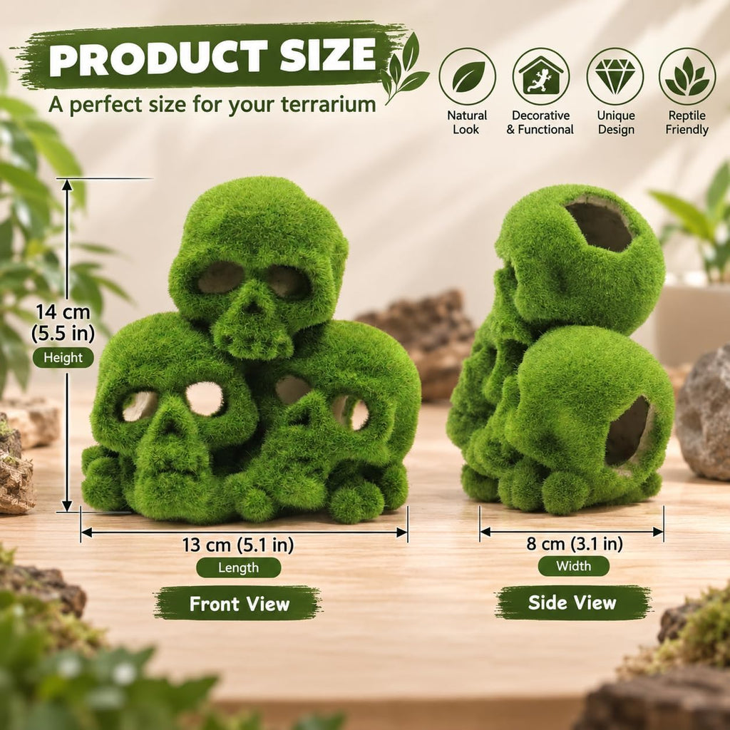 Moss Skull Terrarium Decor, Reptile Hide Tank Accessories for Gecko Lizard