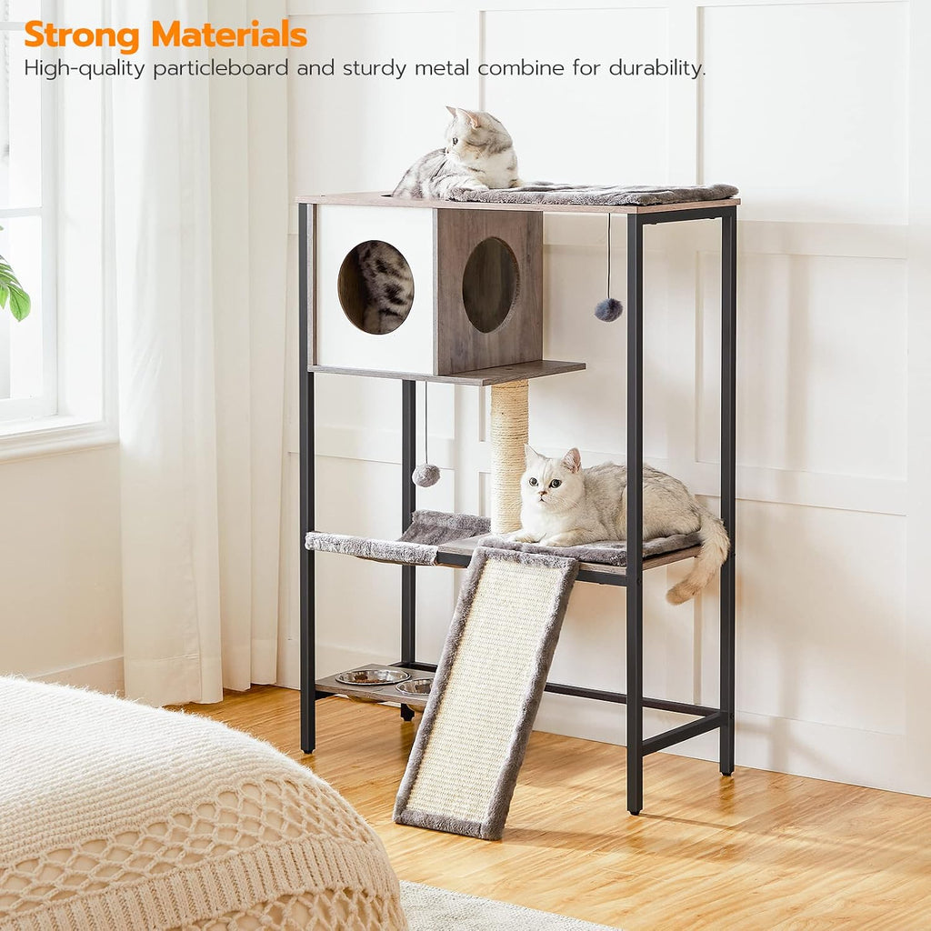 HOOBRO Wooden Cat Tree, Versatile Cat Tower with Scratching Post, Cat Hammock and Food Bowls, 4-Tier Pet House for Indoor Cats, Multi-Cat Families, Greige BG34MZ03
