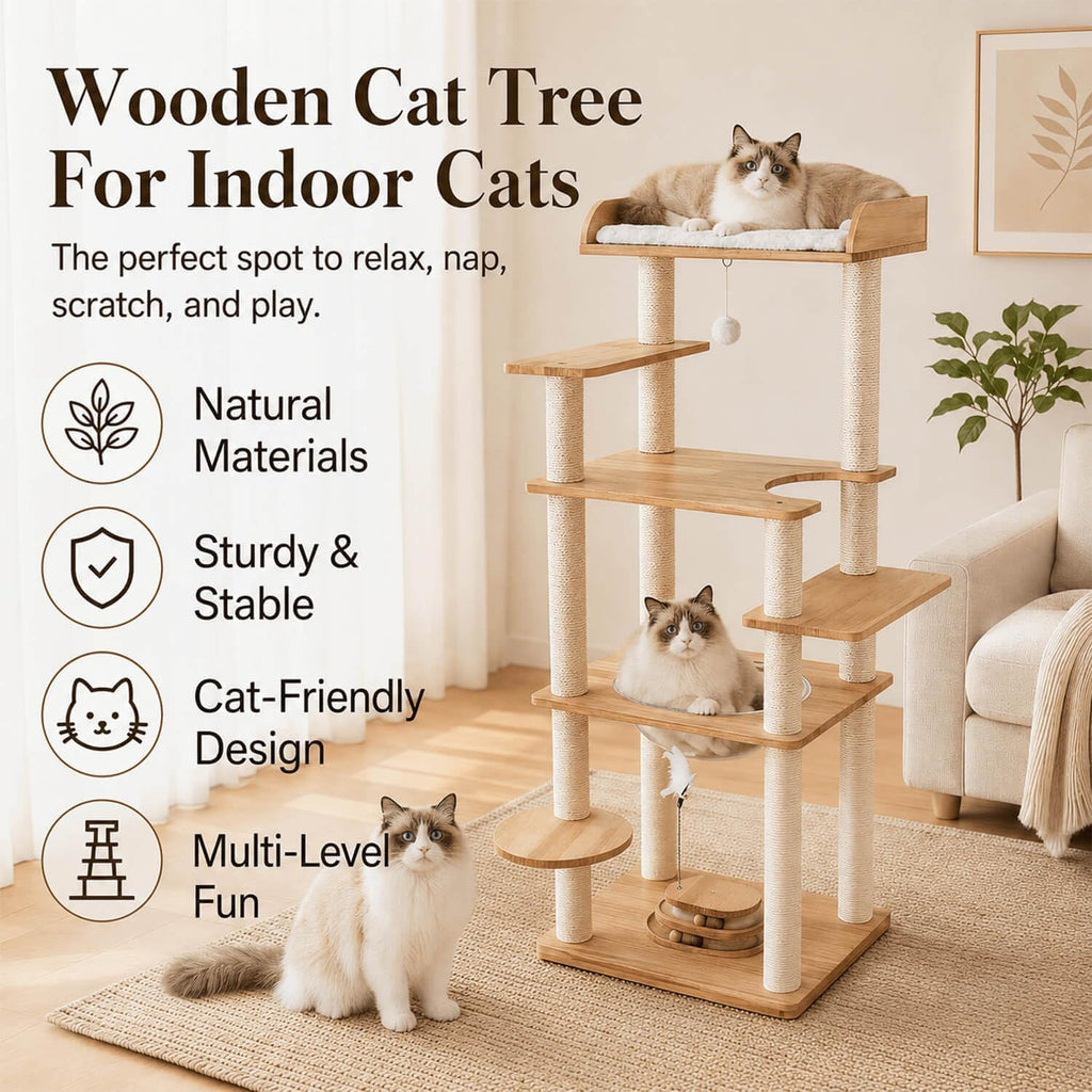 56in Wooden Cat Tree for Large Cats, Tall Sturdy Cat Tower