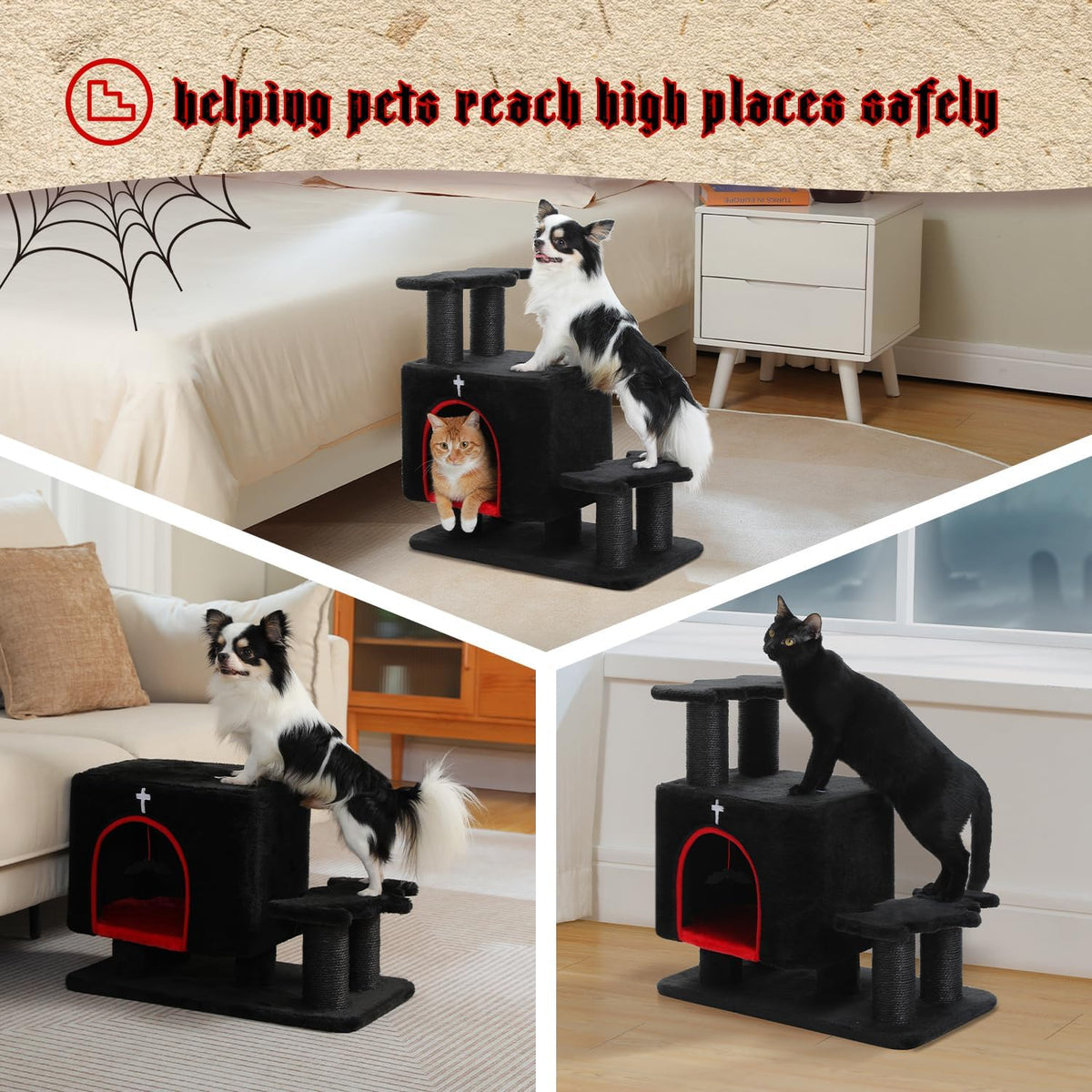 Gothic 3-in-1 Cat Stairs with Scratching Post & Condo, Pet Steps