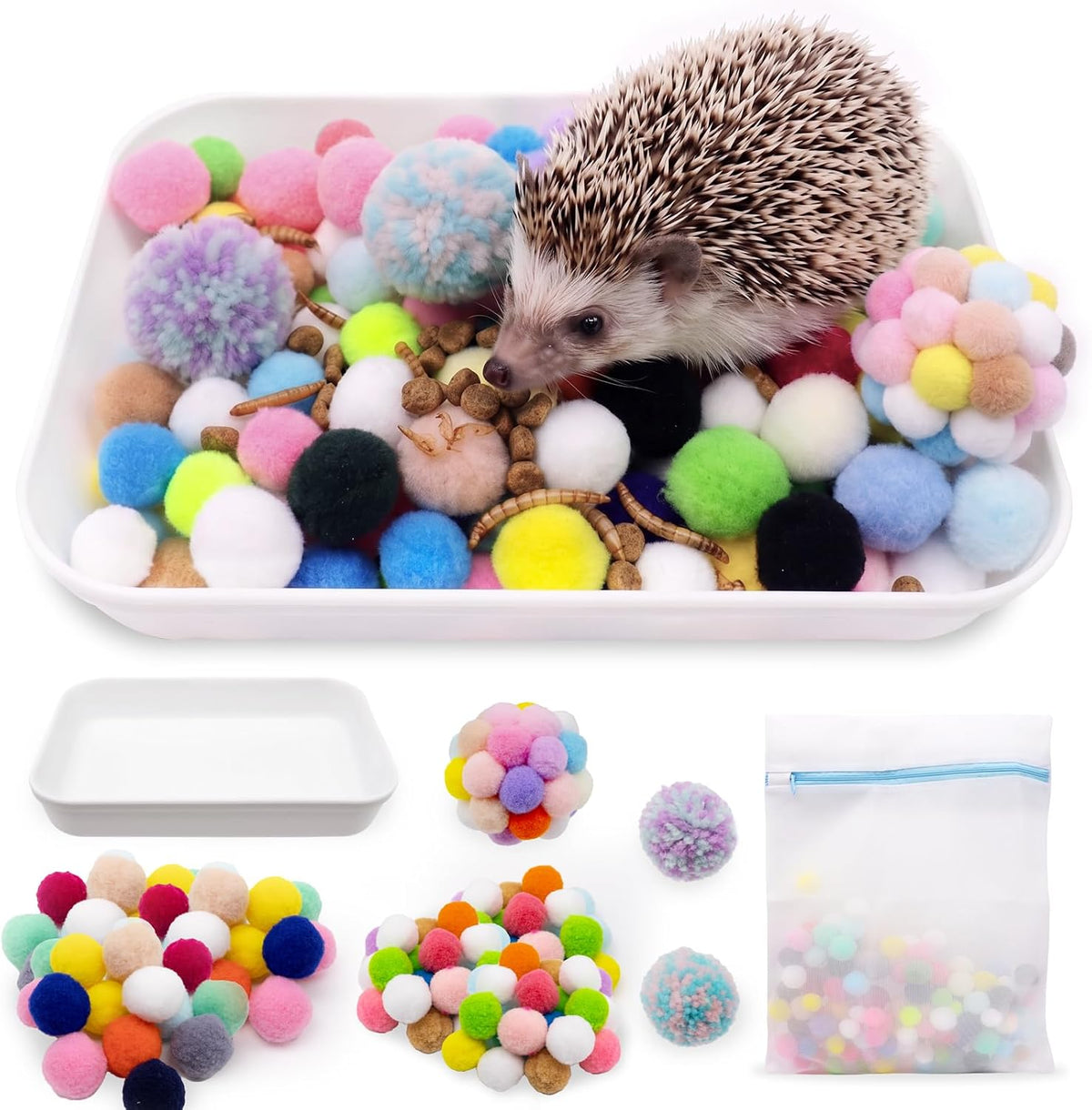 Hedgehog Cage Dig Box Enrichment Hedgehog Accessories Laundry Bag Dig Tray Toys with Multicolor Plush Balls and Bell Balls, Suitable for Hedgehogs, Hamsters, Ferrets and Other Small Animals