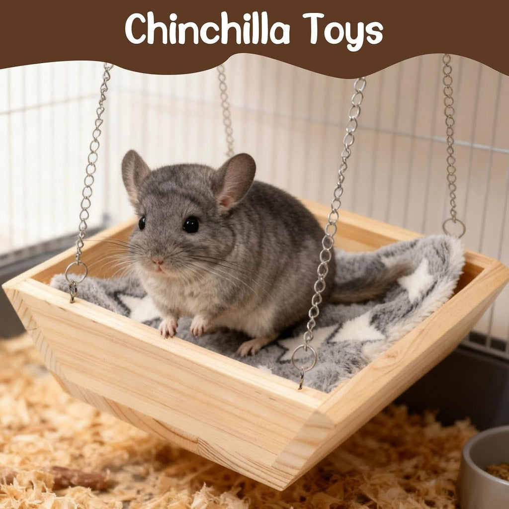 Large Wooden Hanging Bed with Plush Mat, Hammock for Chinchilla Rat Guinea