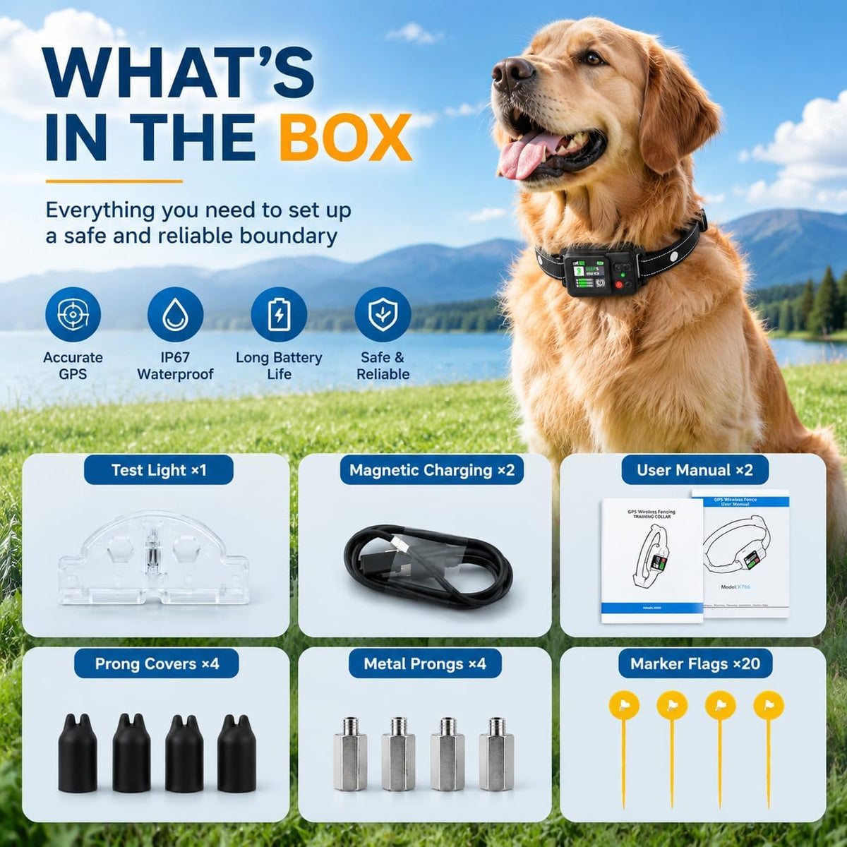 GPS Wireless Dog Fence, 49-6561ft Circular Boundary Collar, IP67