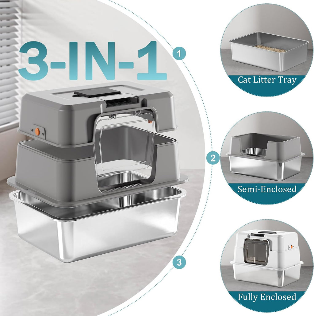 Stainless Steel Cat Litter Box with Lid, High Side Enclosed Kitty Litter Pan, Covered Metal Base Cat Box with Litter Scoop, Easy to Clean, Non-Stick, Odor-Free, Grey
