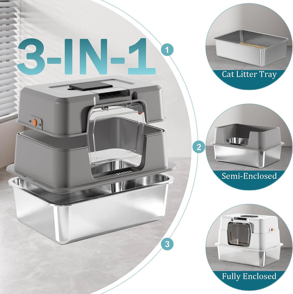 Stainless Steel Cat Litter Box with Lid, High Side Enclosed Kitty Litter Pan, Covered Metal Base Cat Box with Litter Scoop, Easy to Clean, Non-Stick, Odor-Free, Grey