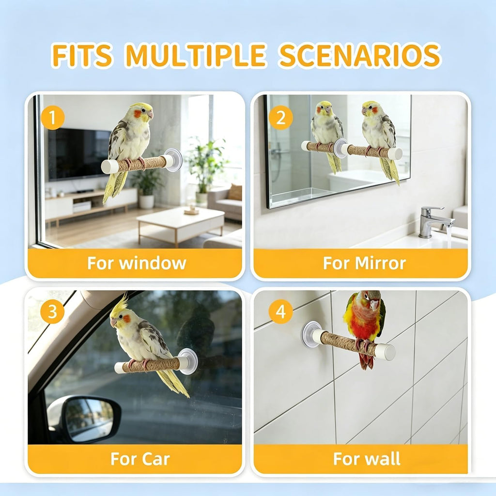 Suction Cup Bird Perch for Window, Natural Wood Parrot Stand with Strong Suction Cups, Portable Travel Perch for Shower/Bath/Car, Training Perch for Parakeet Cockatiel Conure Budgie (Medium)