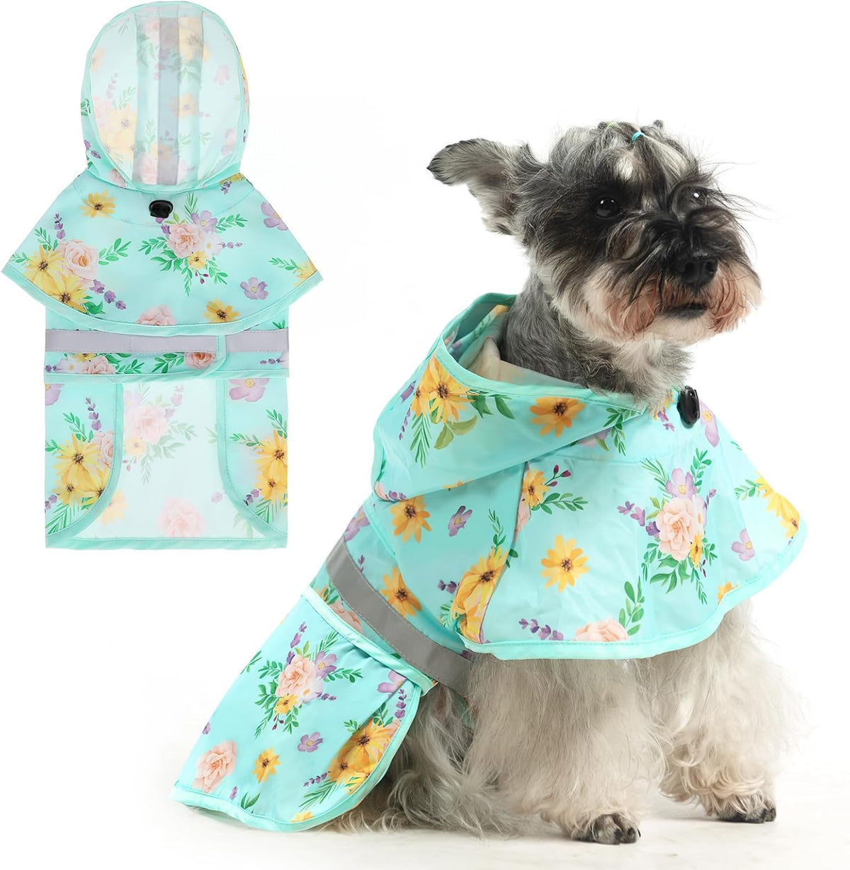 KOOLTAIL Dog Raincoat Hooded Slicker Poncho with Leash Hole, Rain Coat for Small Medium Dogs, Waterproof Doggie Rain Jacket with Reflective Strip, Adjustable Lightweight Puppy Rainwear, Green Flower S