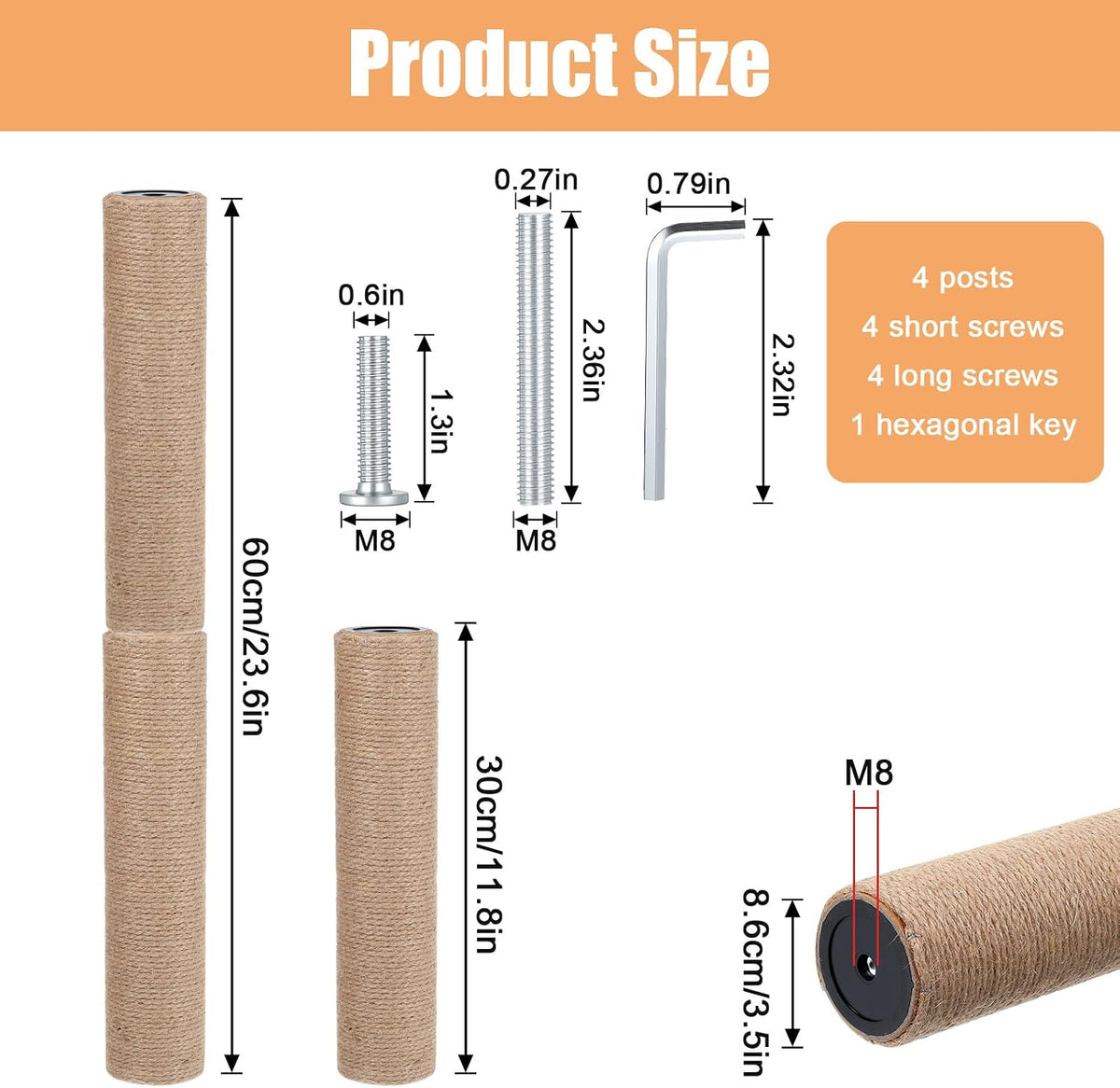 4 Pcs M8 cat Scratching Post Replacement Jute, 11.8x3.5IN Natural Sisal Wrapping Post for Cat Tree, Durable cat Scratching Post for Indoor Cats, Climbing, Scratching, Playing Pet Furniture Accessory