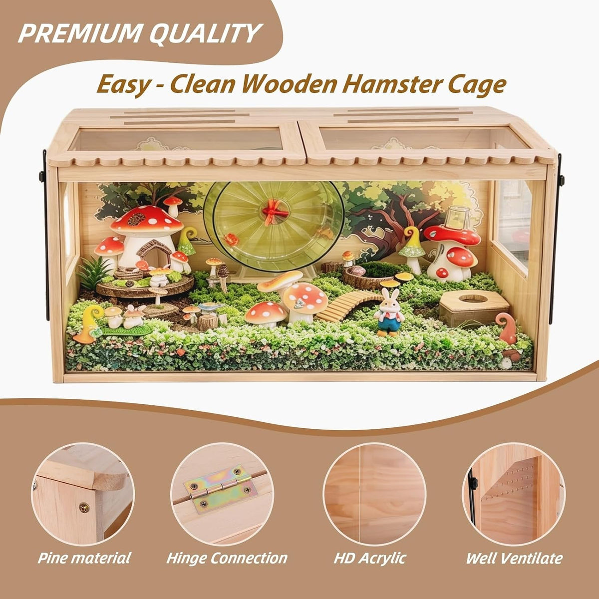 Wooden Hamster Cage,Chewproof,32"x16"x15"Large Hamster Cage,2 Washable Liners,Small Animal Cage for Dwarf Syrian Hamsters Degus Mice & Other Small Pets.