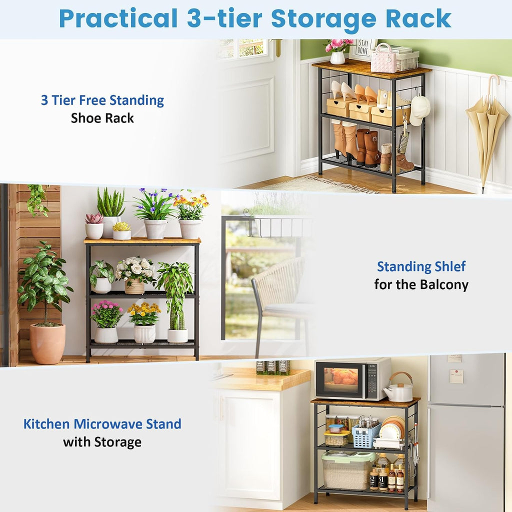 ThreeHio 20 Gallon Fish Tank Stand, 3 Tier Aquarium Stand with Movable Hooks, 28.5" L* 15.74" W Tabletop, Heavy Duty Terrarium Stand with Storage Shelf, Storage Table Shelf Rack Organizer for Kitchen, Living Room, Office, Balcony