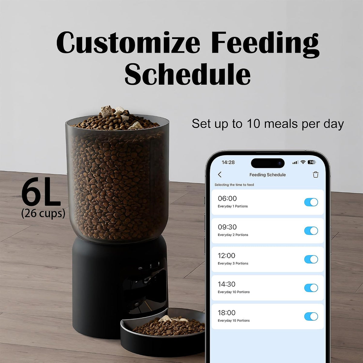 Automatic Cat Feeder with 2K Camera: Cat Food Dispenser with 6L Capacity, Container for Multiple Pet; Automatic Dog Feeder with Night Vision Support 5/2.4GHz & 2-Way Audio, Anti-Jam Design (Black)