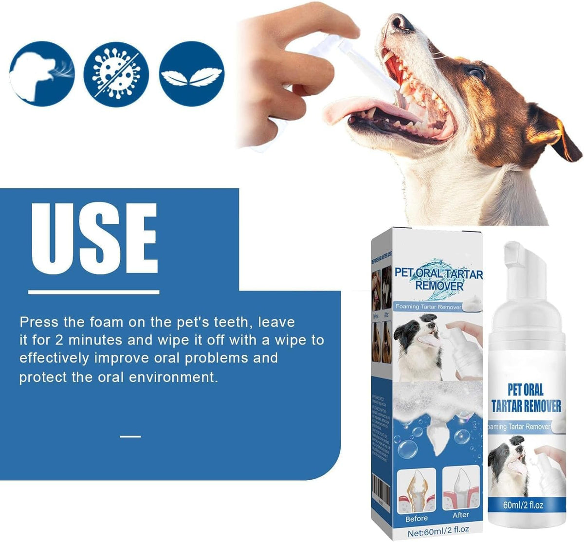 Pet Dental Foaming Spray, Tartar Remover, Dog Breath Freshener, 2pcs