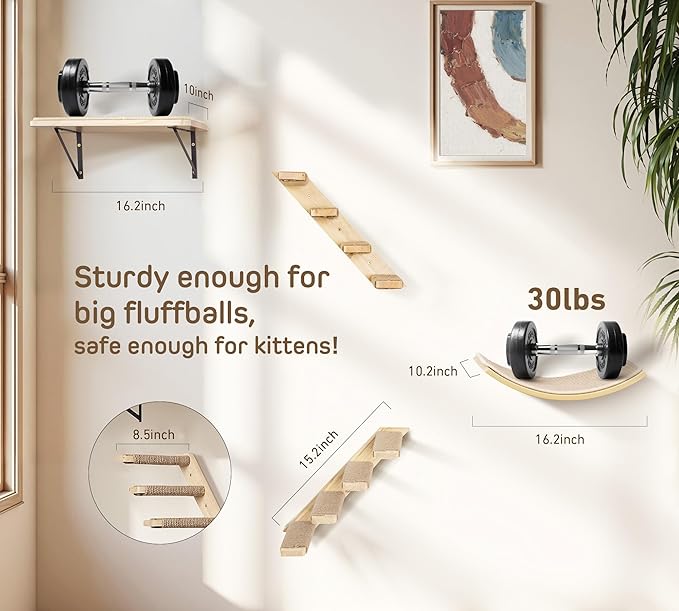 Cat Wall Shelves Set with Sisal Cats Window Perch, 4 Piece Wood Climbing - Image 5
