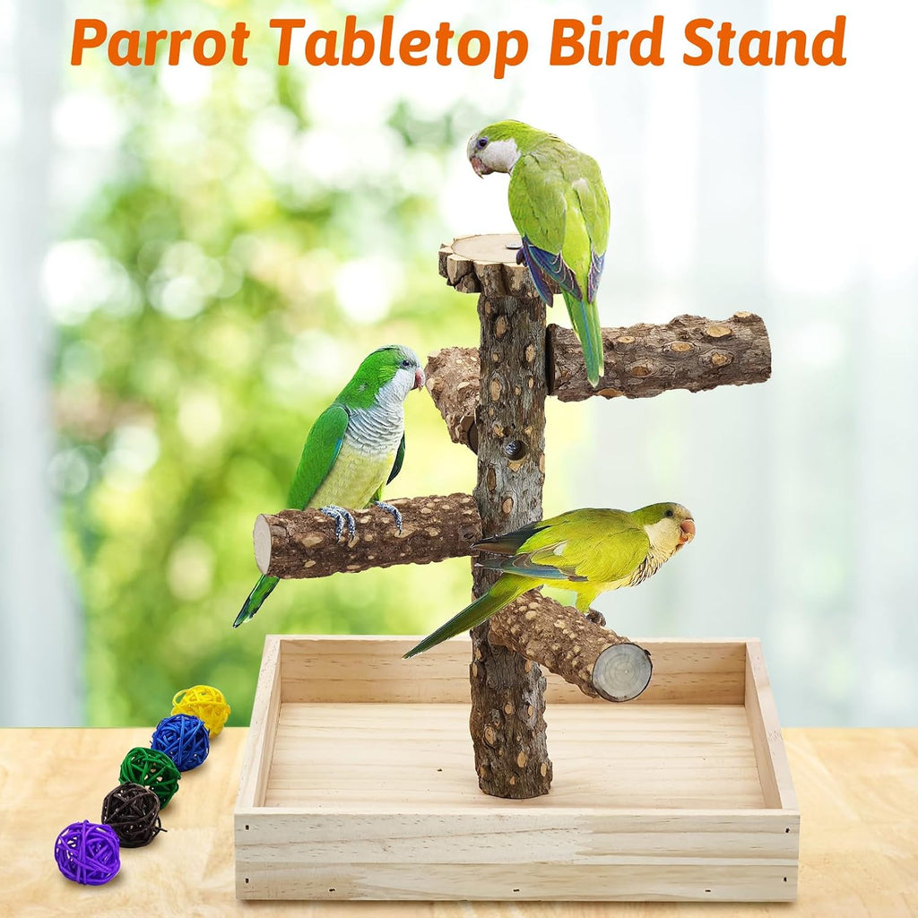 BNOSDM Portable Bird Perch Stand with Potty Tray, Natural Wood Tabletop Training Gym Parrot Playground Toy for Budgies, Cockatiels, Lovebirds,Conures Canaries