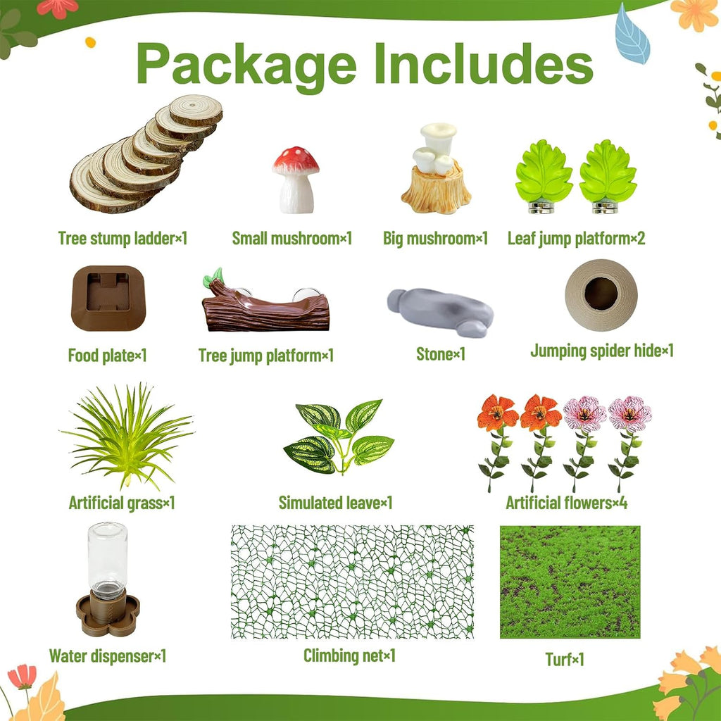 Jumping Spider Enclosure Accessories,with Enclosure Decor Kit,Hide Habitat,Platform,Food Bowl,Water Dispenser for Jumping Spider Habitat (Forest)